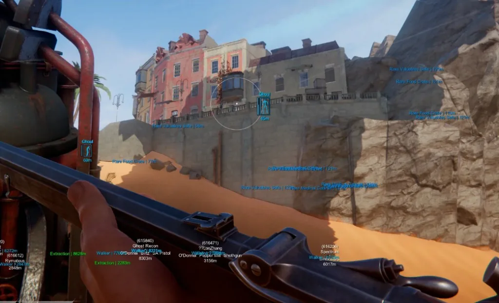 Player ESP boxes and distance readouts in a Sand raid